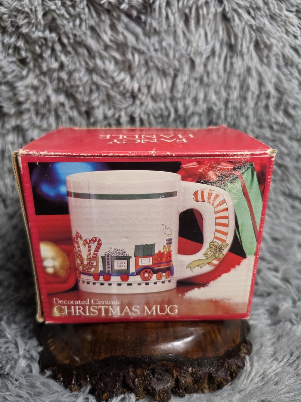 Vintage 1980s Fancy Handle Christmas Train Ceramic Mug (In Original Box)